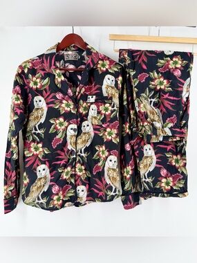 Desmond & Dempsey Owl Floral Cotton Long Pajama Set M Whimsigoth Dark Botanical